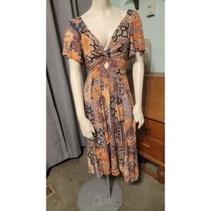 ANGIE Boho Maxi Paisley Patchwork Floral Twist Front Tiered Flutter Sleeve Sz L